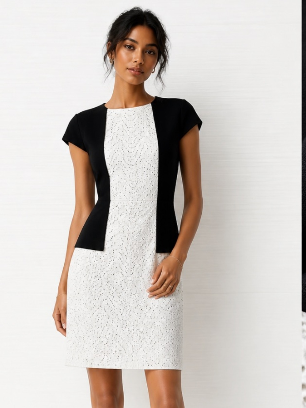 TIBI New York Carey Dress Linen Eyelet Lace Black White Career Cap Sleeves